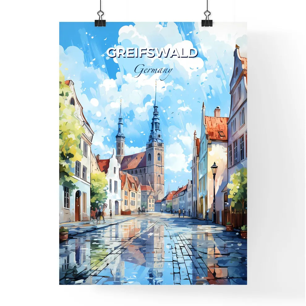 Greifswald Germany Sklyine - A Street With Buildings And A Church In The Background - Customizable Travel Gift Default Title