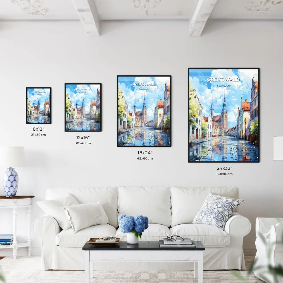 Greifswald Germany Sklyine - A Street With Buildings And A Church In The Background - Customizable Travel Gift Default Title