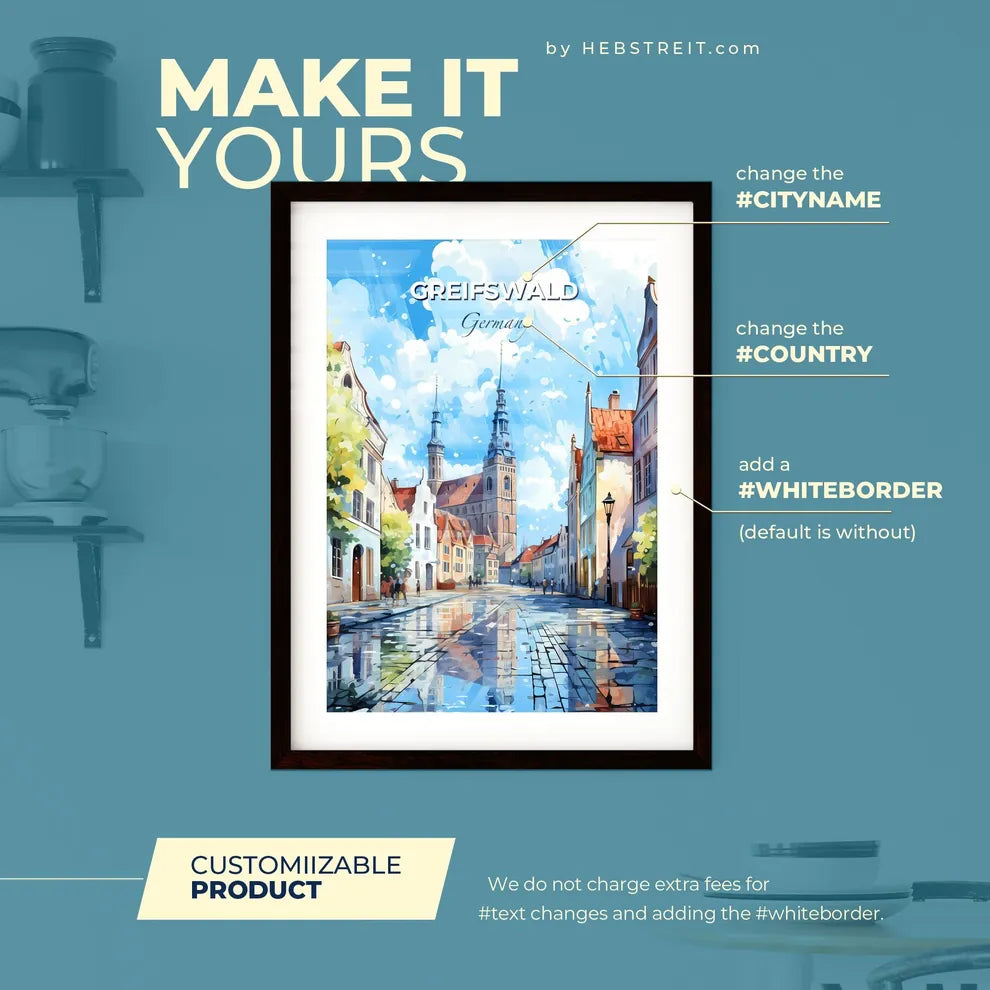 Greifswald Germany Sklyine - A Street With Buildings And A Church In The Background - Customizable Travel Gift Default Title