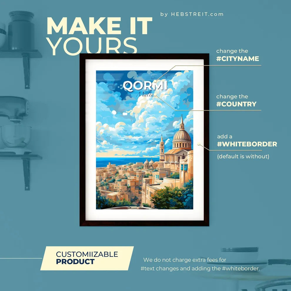 Qormi Malta Skyline - A City With A Dome And A Building With A Body Of Water - Customizable Travel Gift Default Title
