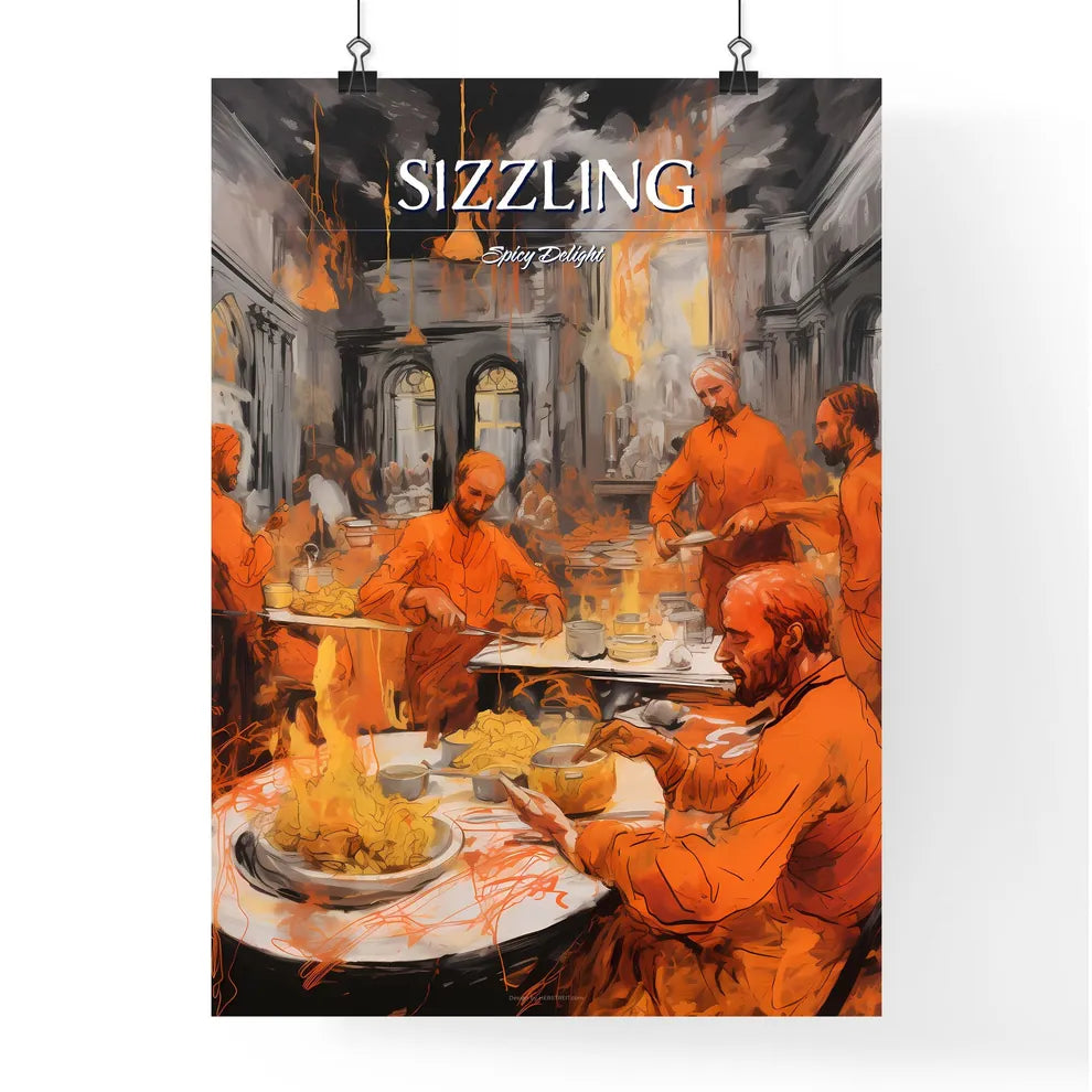 A Poster of tika masala food drawing sketchbook art - A Group Of Men Eating In A Room With Fire Poster