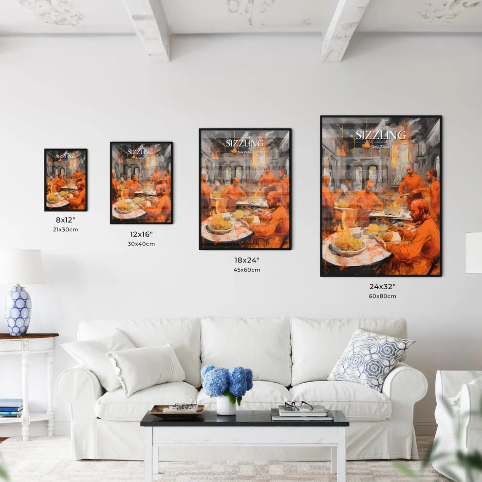 A Poster of tika masala food drawing sketchbook art - A Group Of Men Eating In A Room With Fire Size Chart
