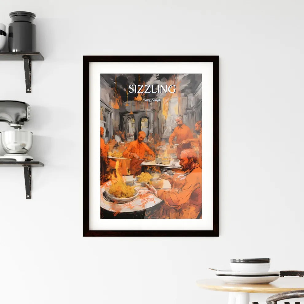 A Poster of tika masala food drawing sketchbook art - A Group Of Men Eating In A Room With Fire Custom Print