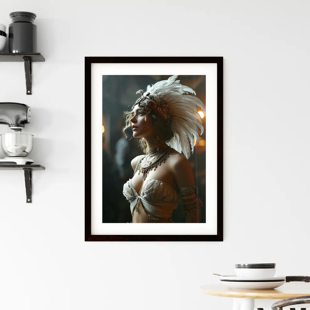A Poster of a woman with feathers - A Woman  Framed Print