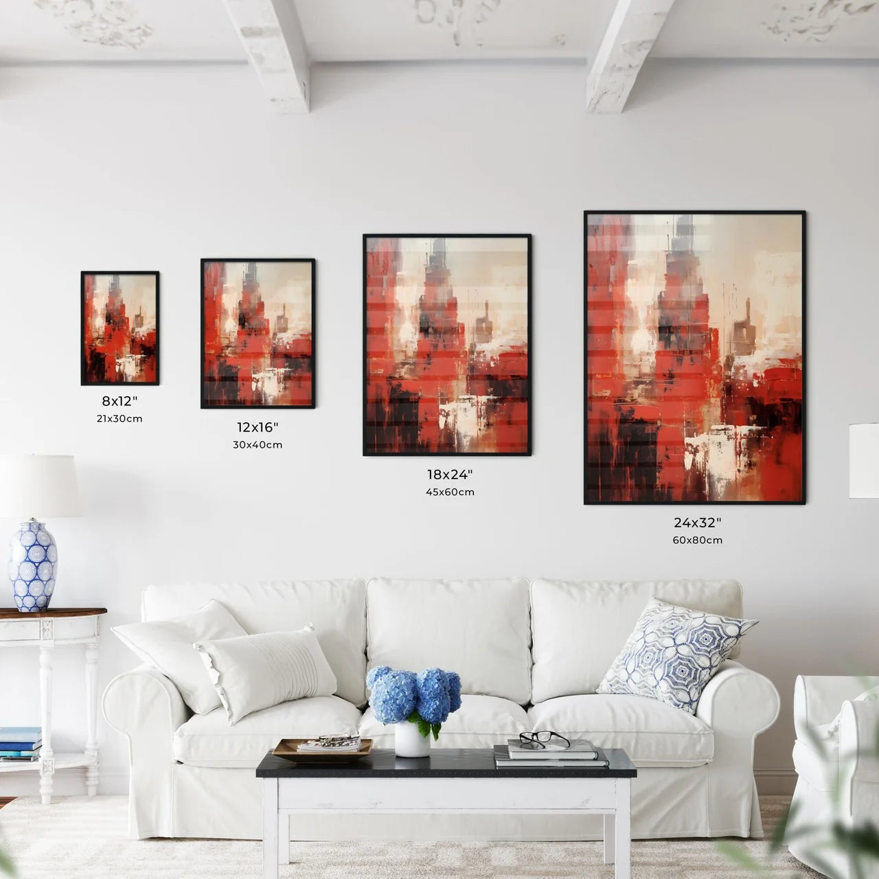 A Poster of a painting of cities in reds and browns - A Painting Of A City Size Chart