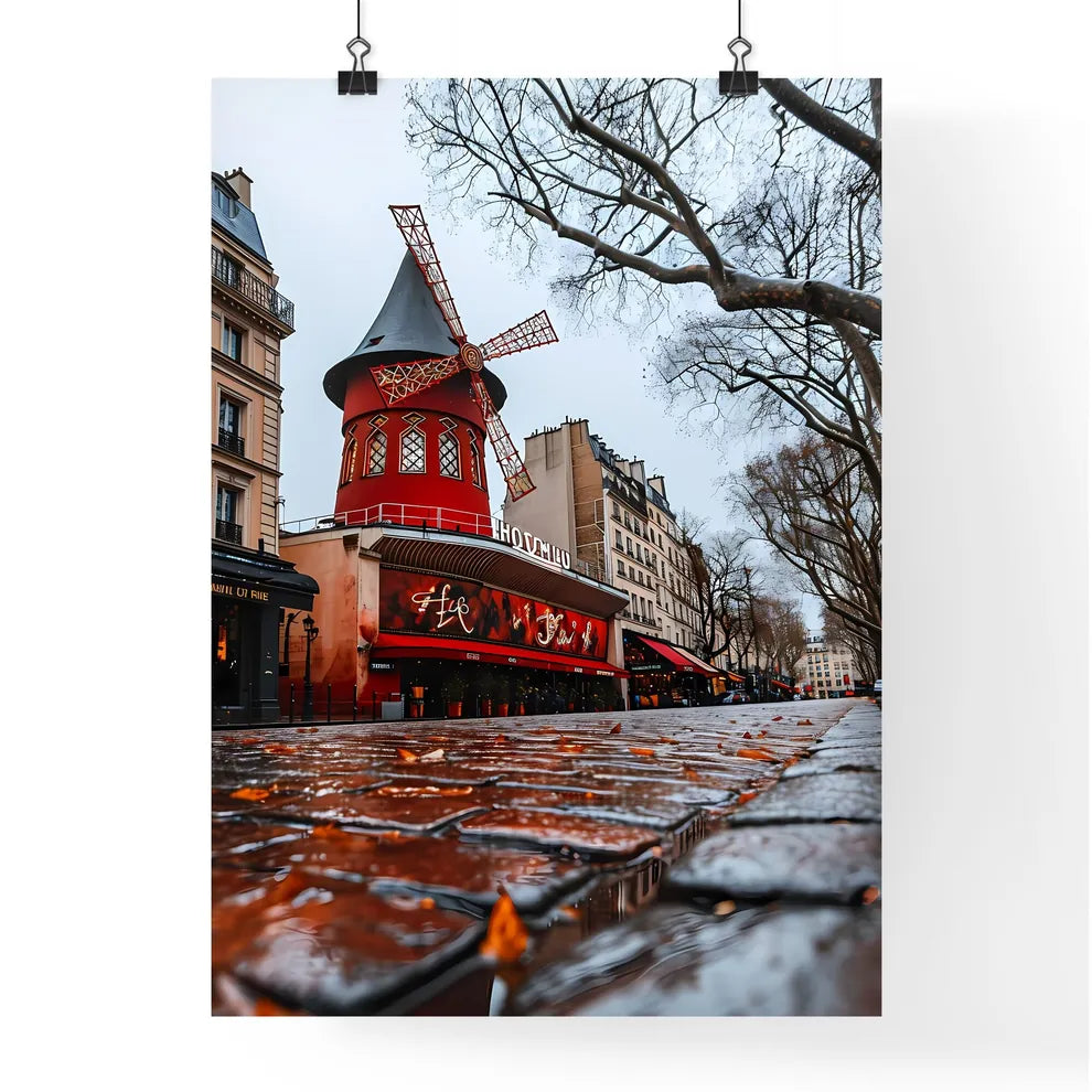 A Poster of Une lofi girl regardant - A Red Windmill On A Wet Sidewalk Poster