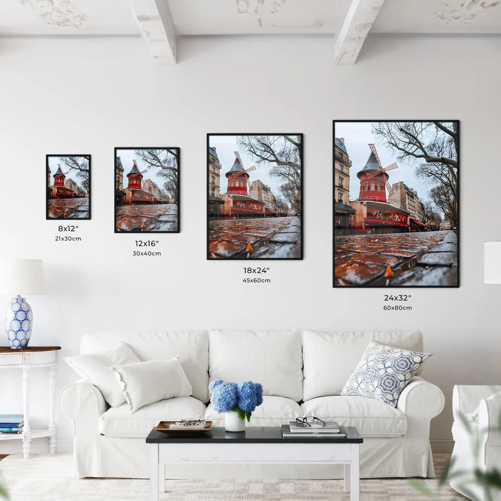 A Poster of Une lofi girl regardant - A Red Windmill On A Wet Sidewalk Size Chart