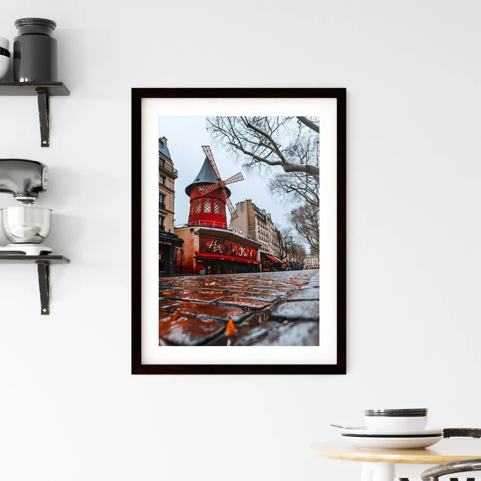 A Poster of Une lofi girl regardant - A Red Windmill On A Wet Sidewalk Custom Print