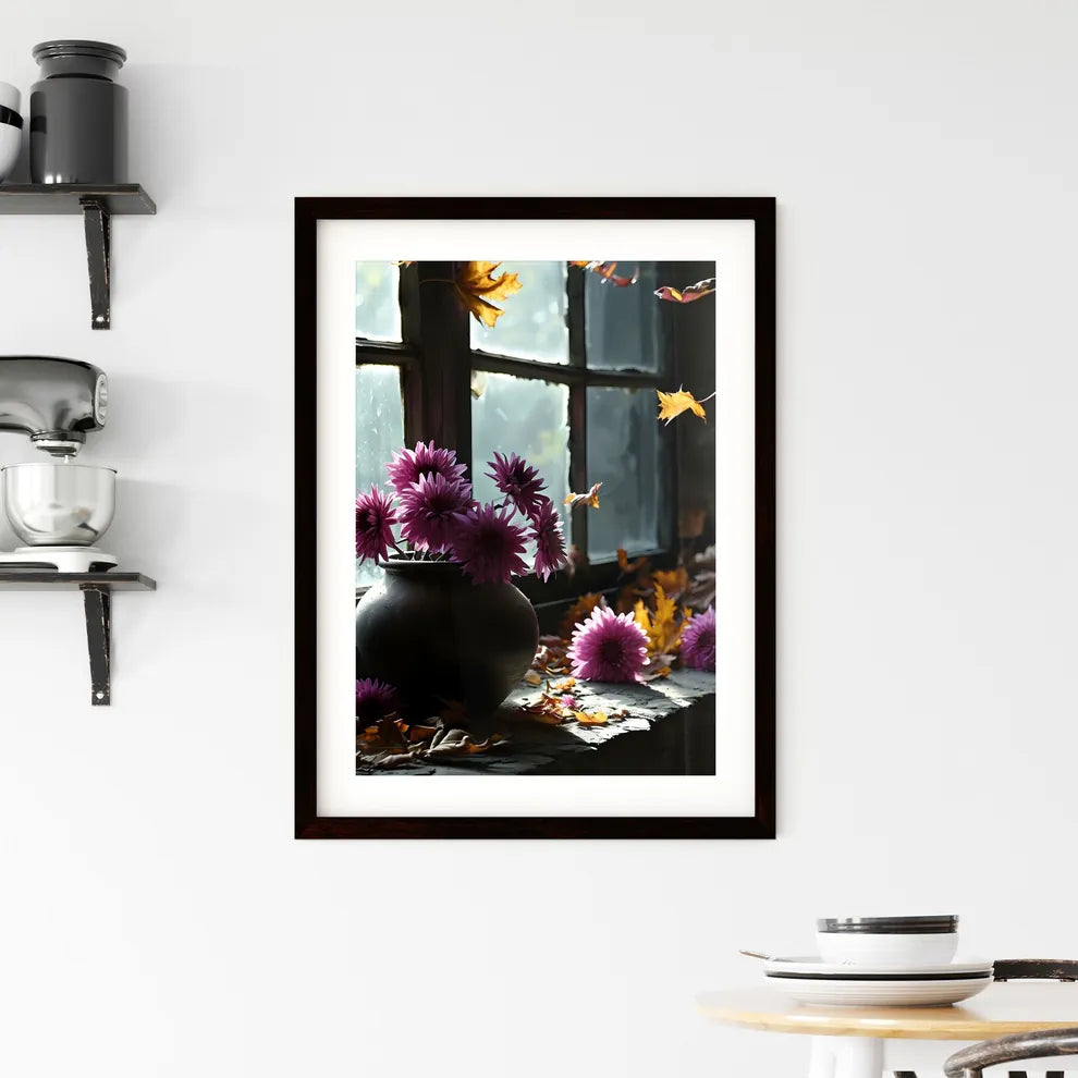 A Poster of A pot of purple chrysanthemums b Framed Print