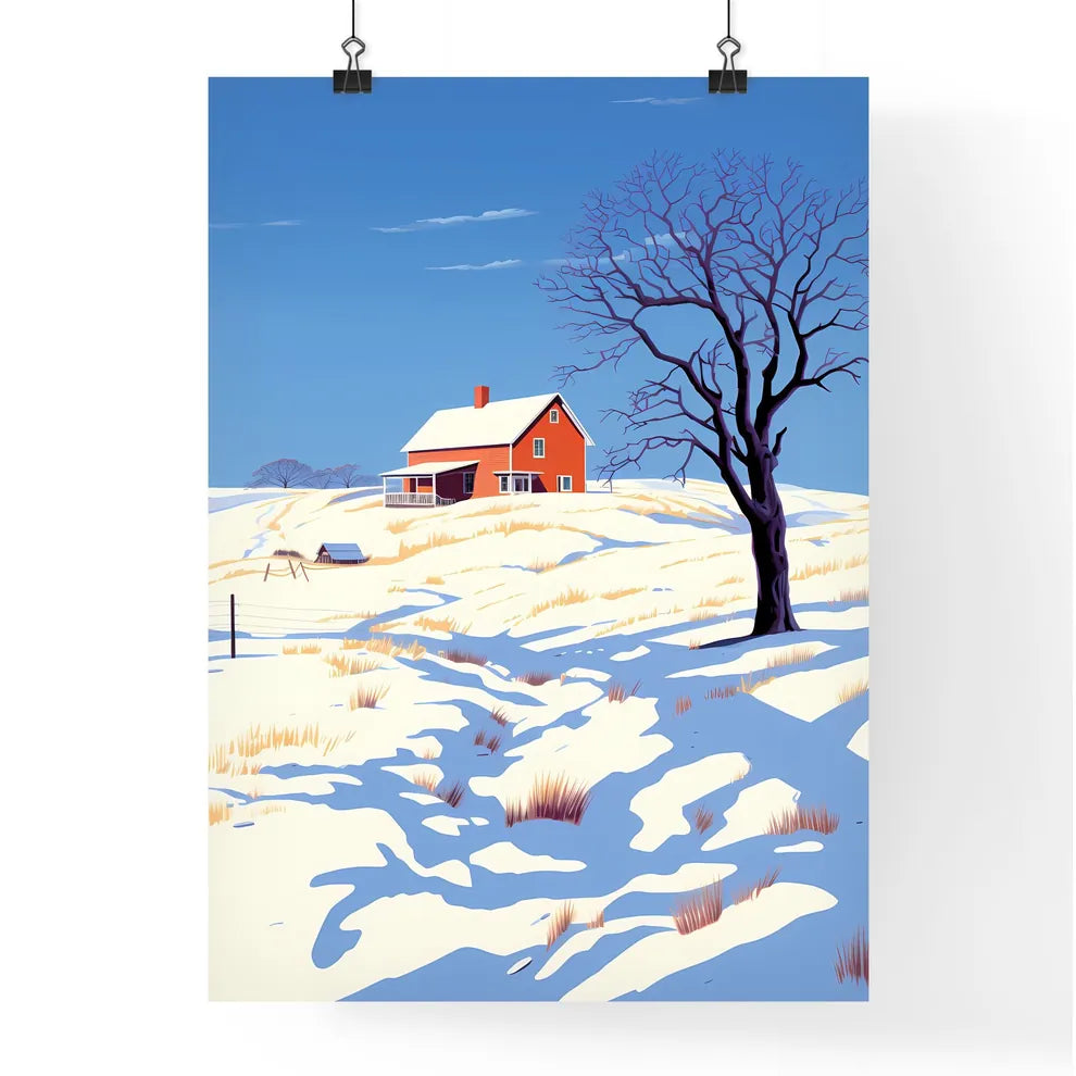 A Poster of prairie farmhouse buried in snow - A House On A Snowy Hill Poster
