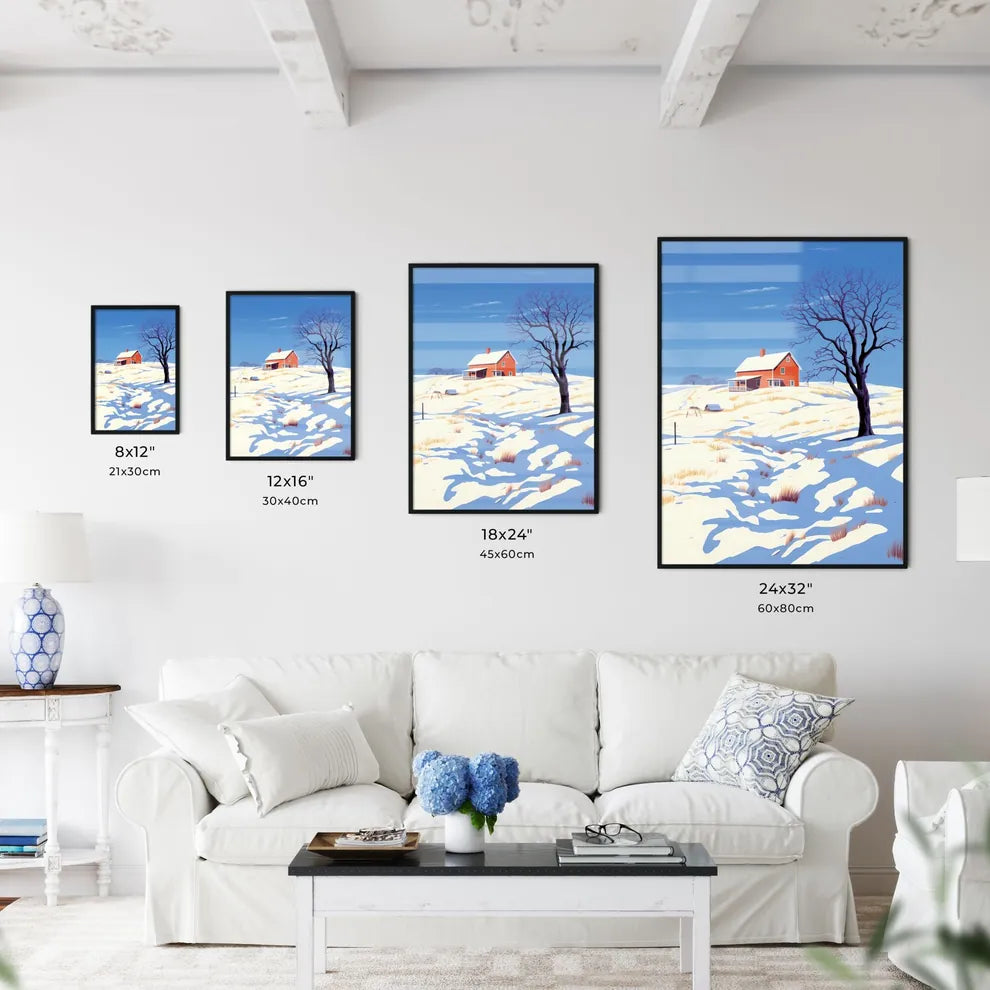 A Poster of prairie farmhouse buried in snow - A House On A Snowy Hill Size Chart