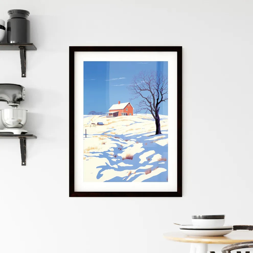 A Poster of prairie farmhouse buried in snow - A House On A Snowy Hill Custom Print