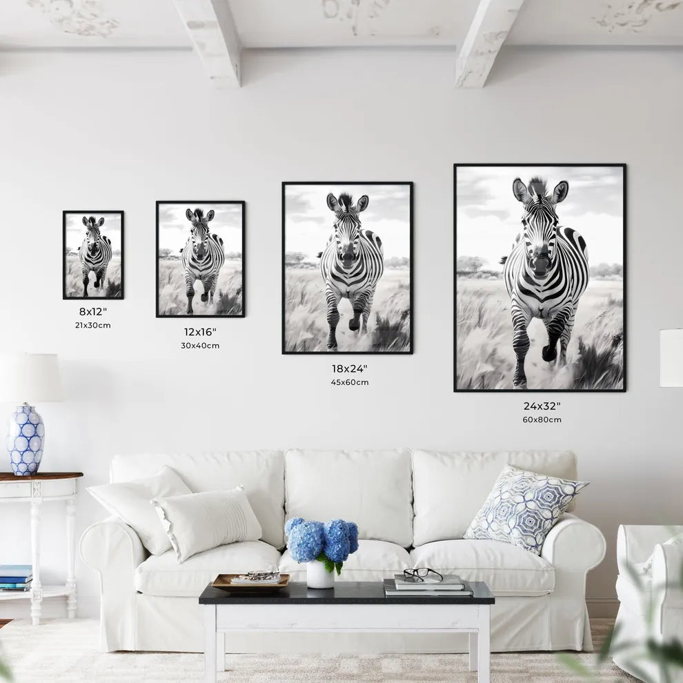 A Poster of A black and white zebra is running  Size Chart