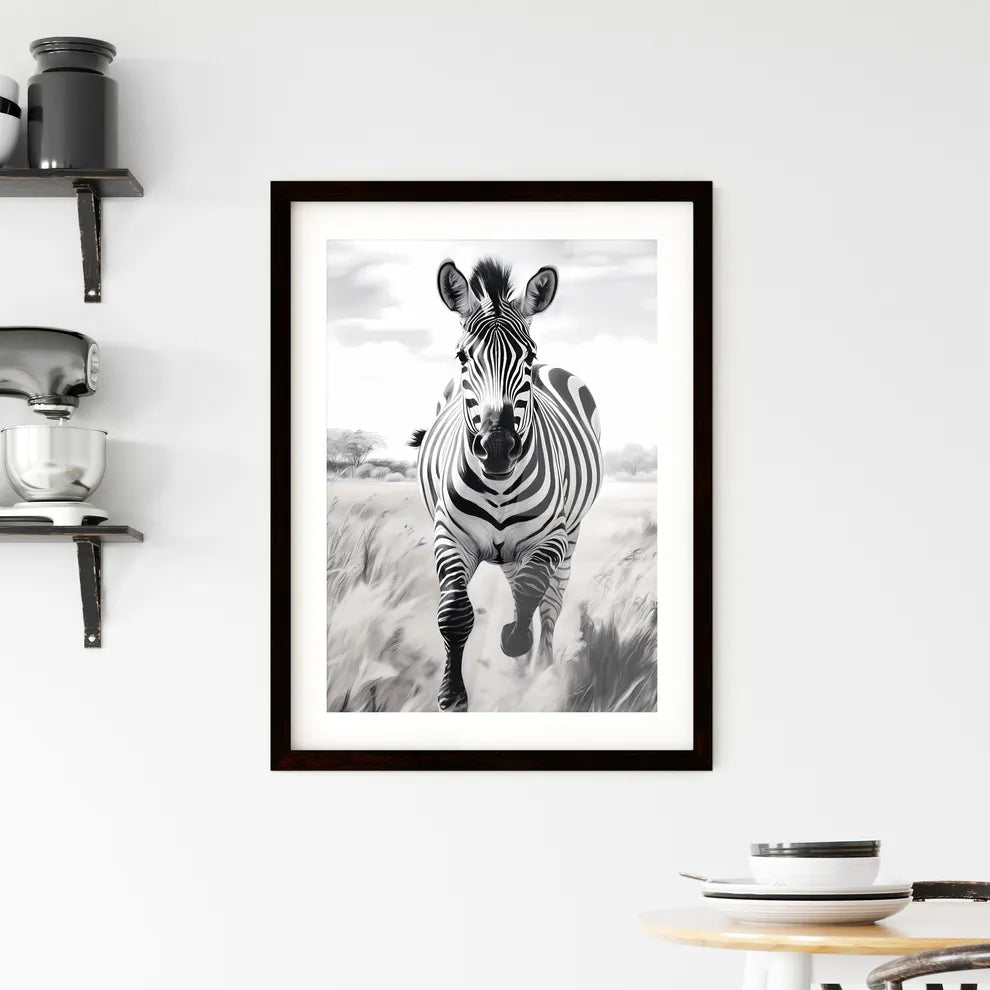A Poster of A black and white zebra is running  Framed Print