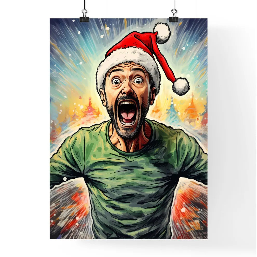 A Poster of happy suprised man wearing santa Poster