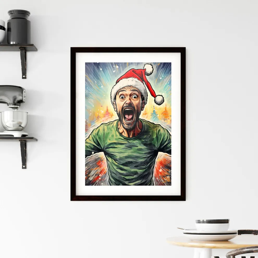 A Poster of happy suprised man wearing santa Framed Print