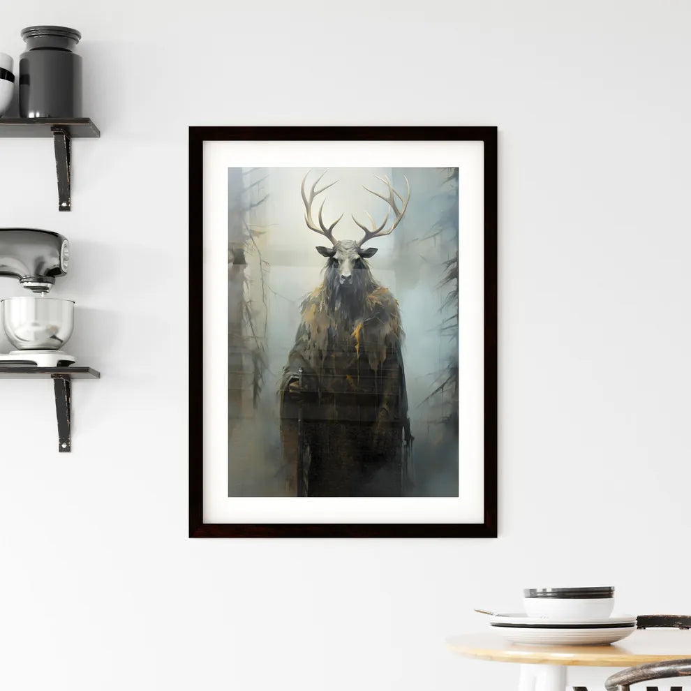 A Poster of an oil painting of a black elk in the fog  Framed Print