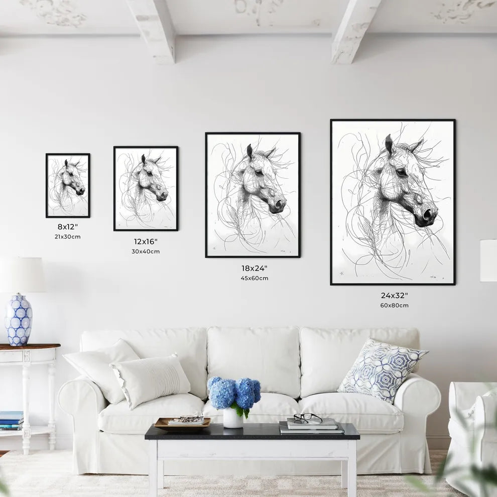 A Poster of a line art drawing of a horses face  Size Chart