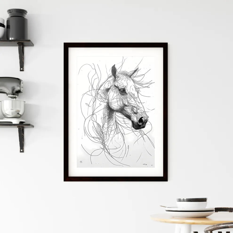 A Poster of a line art drawing of a horses face  Framed Print