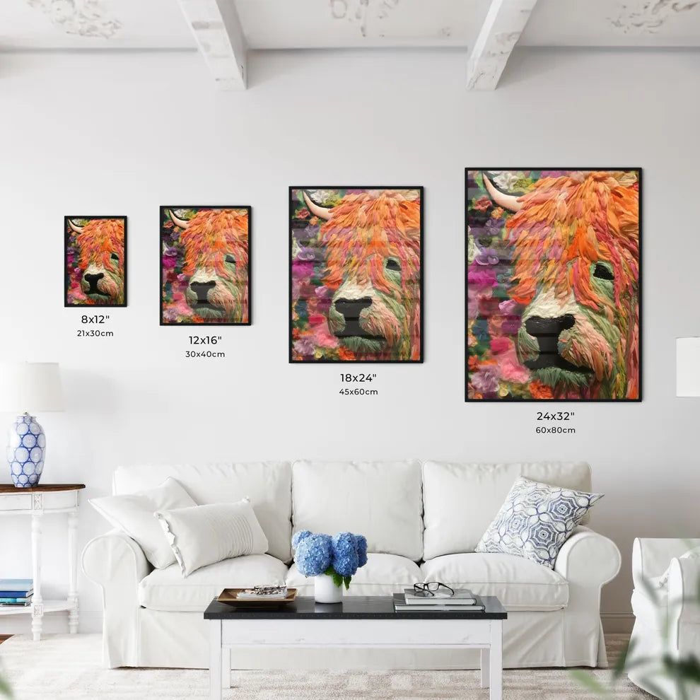A Poster of Embroidery impasto painting highland cow  Size Chart