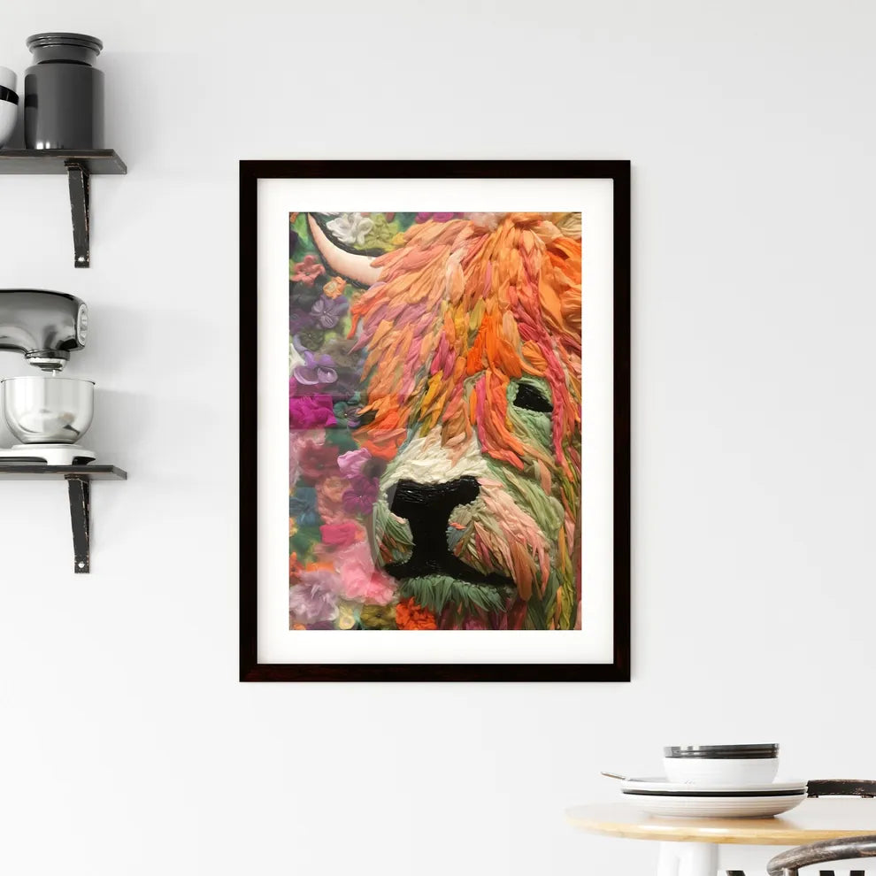 A Poster of Embroidery impasto painting highland cow  Framed Print