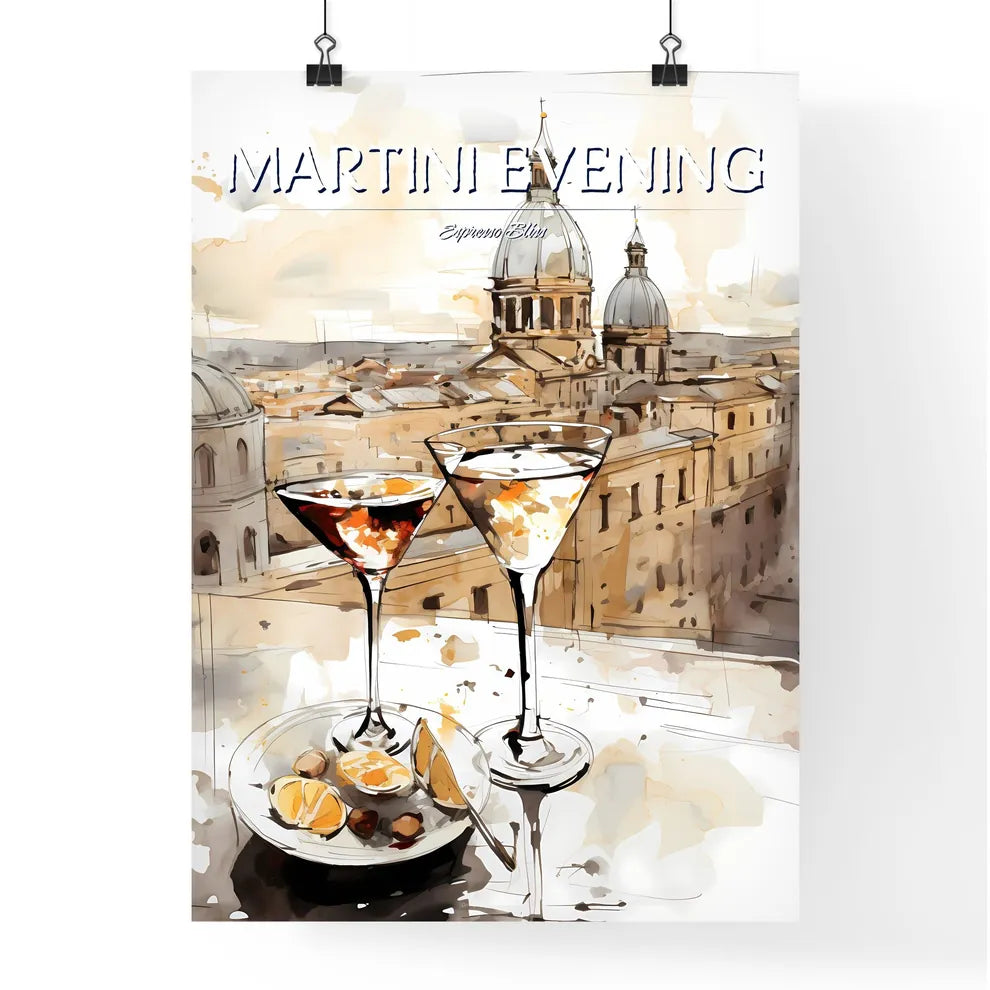 A Poster of Espresso martini - A Pair Of Glasses With A City In The Background Poster