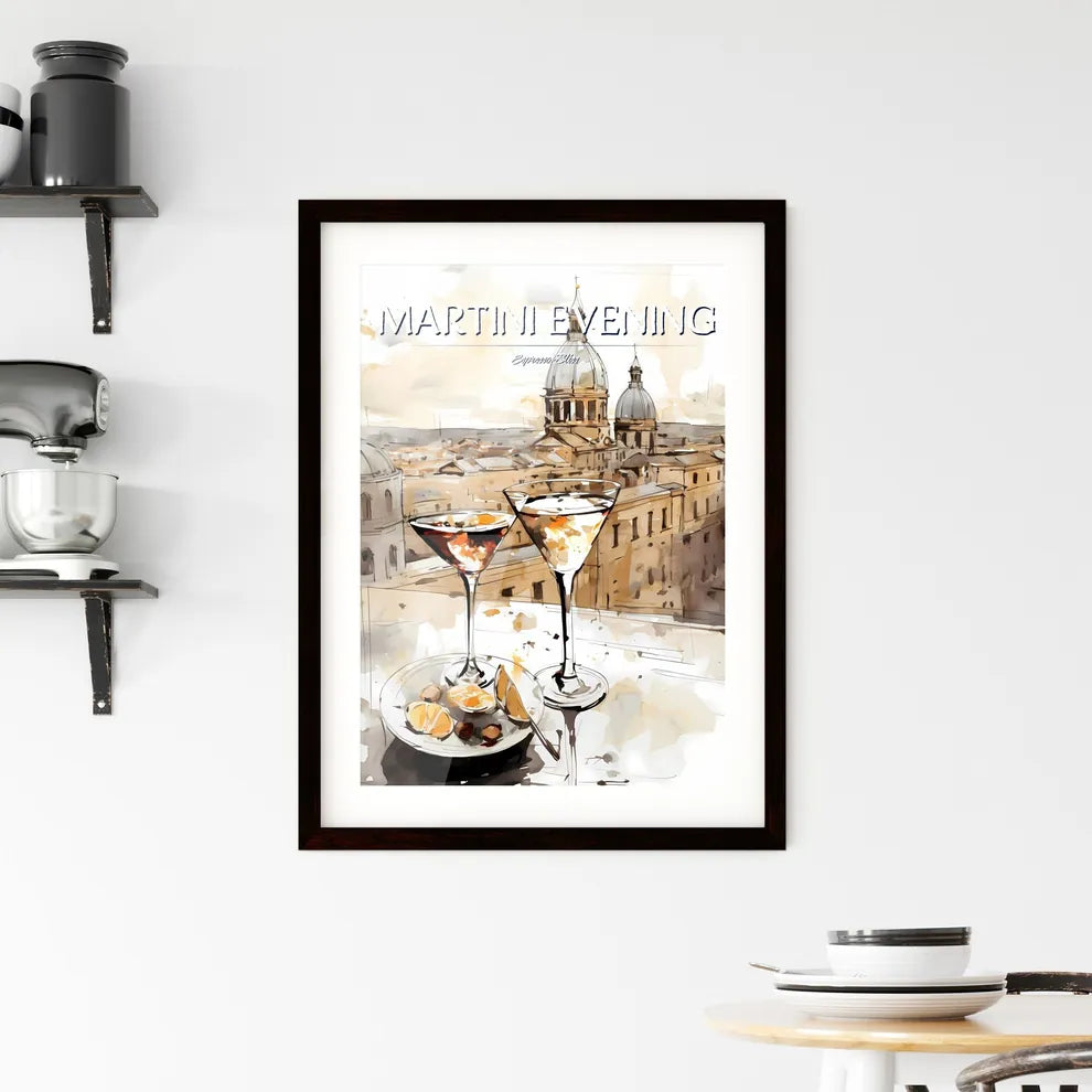 A Poster of Espresso martini - A Pair Of Glasses With A City In The Background Custom Print