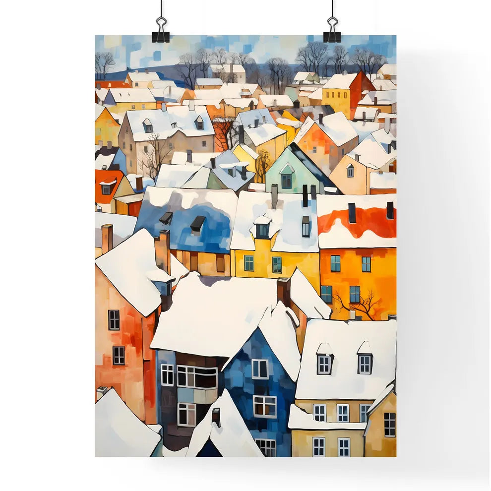 A Poster of snowy german small town roofs - A Group Of Colorful Buildings Covered In Snow Poster