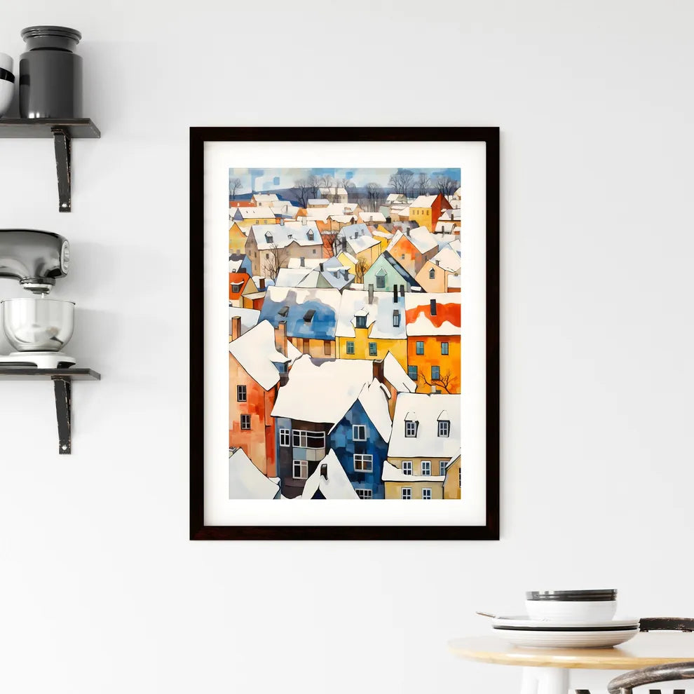 A Poster of snowy german small town roofs - A Group Of Colorful Buildings Covered In Snow Custom Print
