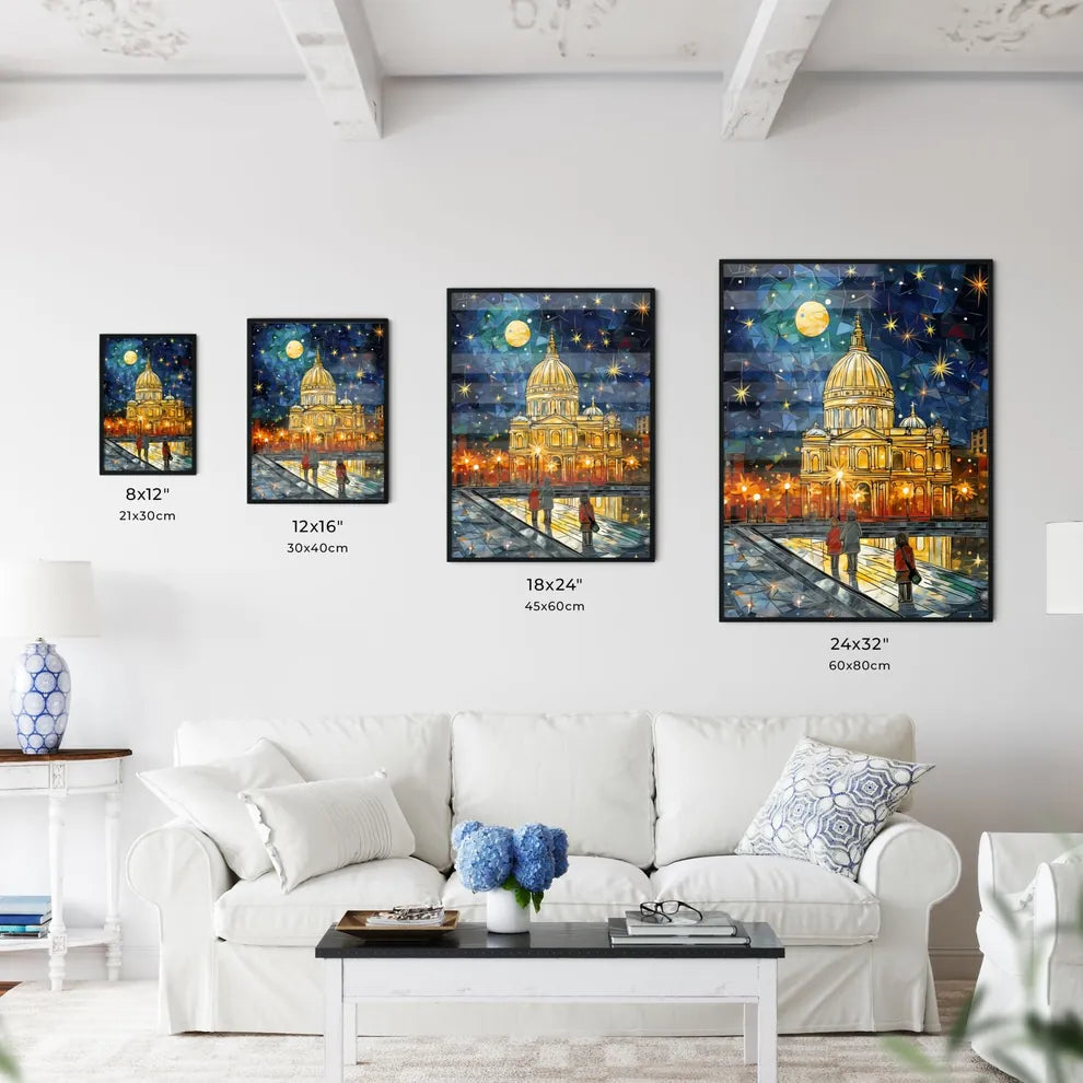 A Poster of adorable christmas illustration card - A Painting Of A Building With A Dome And A Moon Size Chart