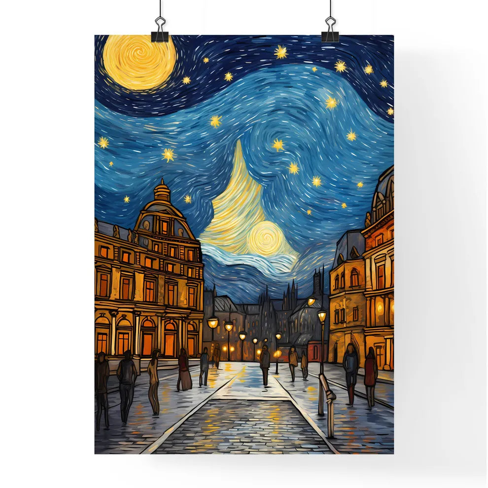 A Poster of adorable christmas illustration card - A Street With Buildings And People In The Middle Poster