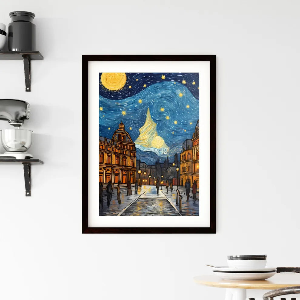 A Poster of adorable christmas illustration card - A Street With Buildings And People In The Middle Custom Print