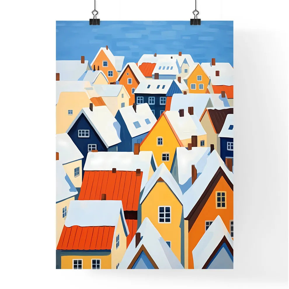 A Poster of snowy german small town roofs - A Group Of Colorful Houses Covered In Snow Poster