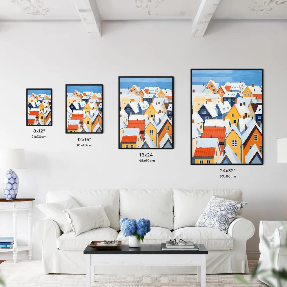 A Poster of snowy german small town roofs - A Group Of Colorful Houses Covered In Snow Size Chart