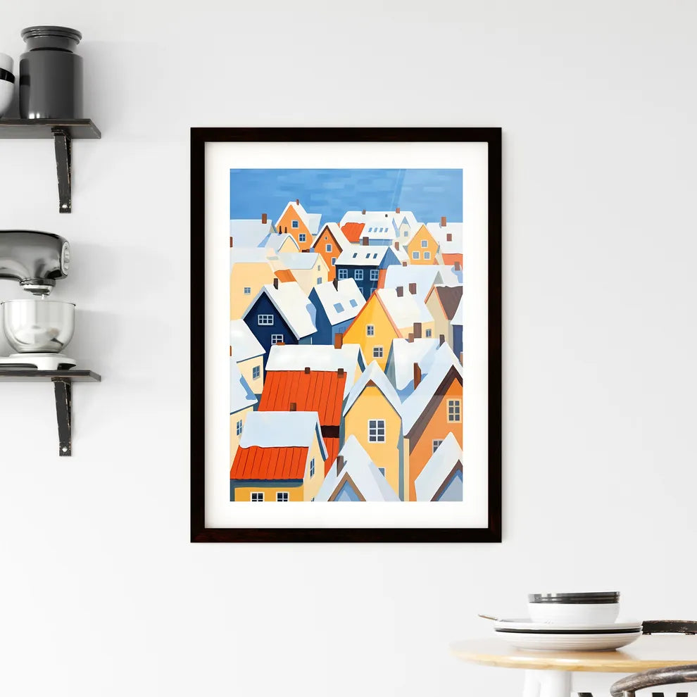 A Poster of snowy german small town roofs - A Group Of Colorful Houses Covered In Snow Custom Print