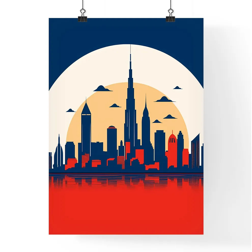 A Poster of minimalist Chicago skyline - A City Skyline With A Large Sun Behind It Poster