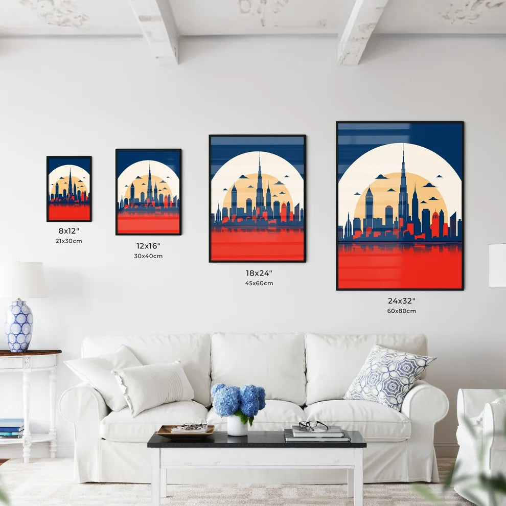 A Poster of minimalist Chicago skyline - A City Skyline With A Large Sun Behind It Size Chart