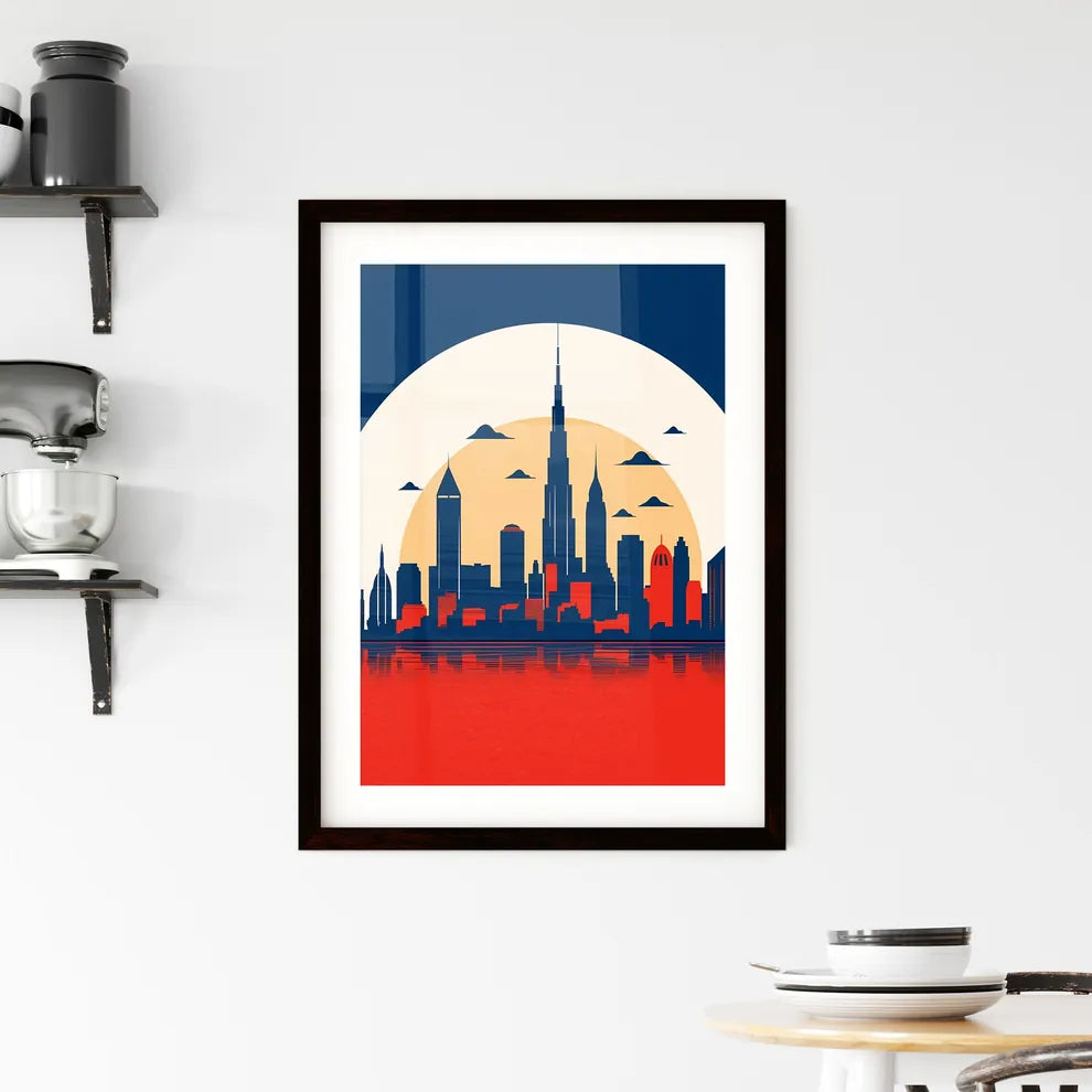A Poster of minimalist Chicago skyline - A City Skyline With A Large Sun Behind It Custom Print