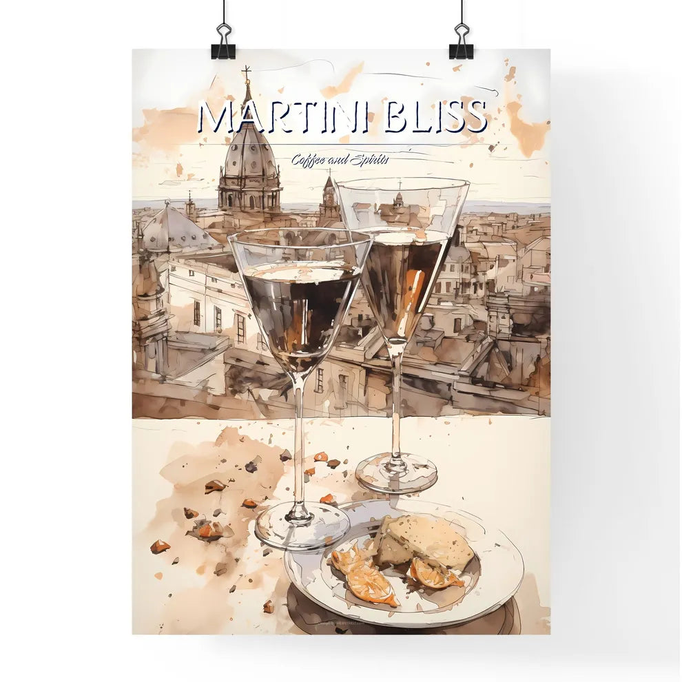 A Poster of Espresso martini - A Pair Of Wine Glasses On A Table With A City In The Background Poster