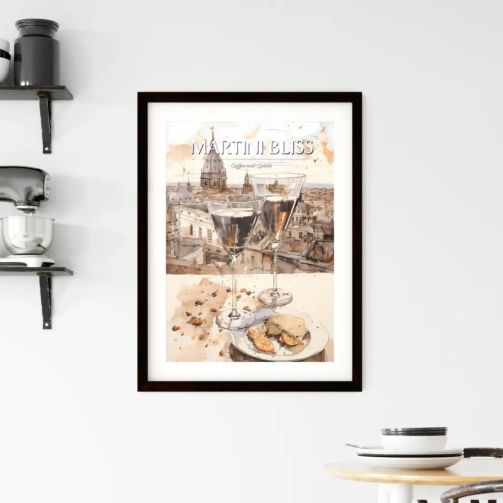 A Poster of Espresso martini - A Pair Of Wine Glasses On A Table With A City In The Background Custom Print