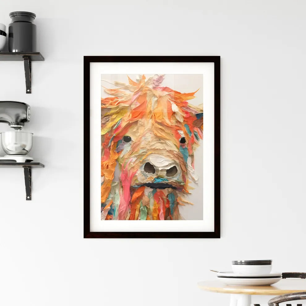 A Poster of Embroidery impasto painting highland cow  Framed Print