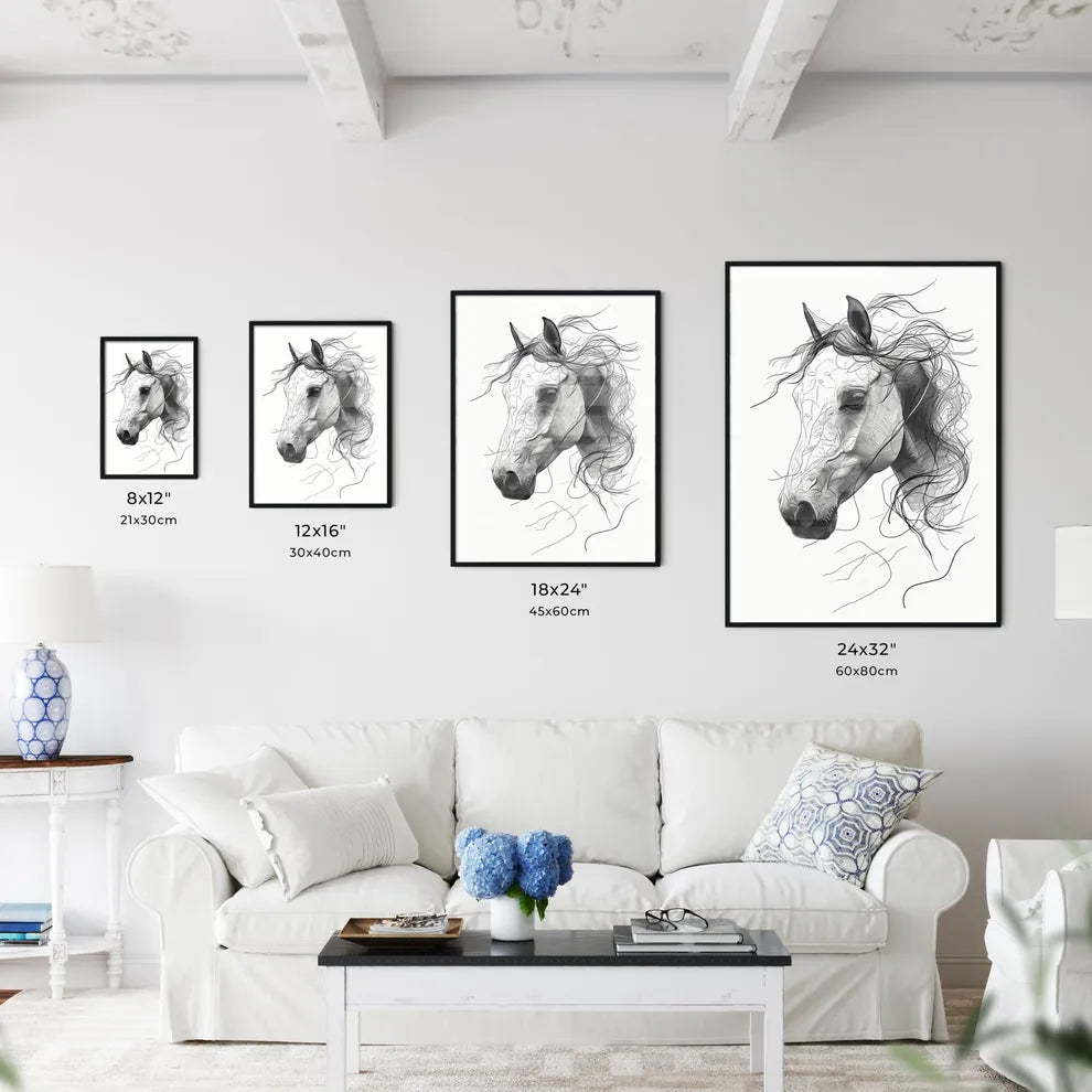 A Poster of a line art drawing of a horses face  Size Chart