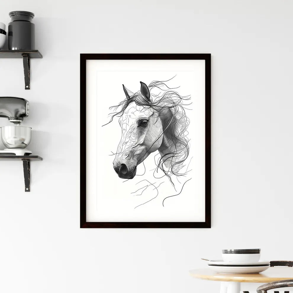 A Poster of a line art drawing of a horses face  Framed Print