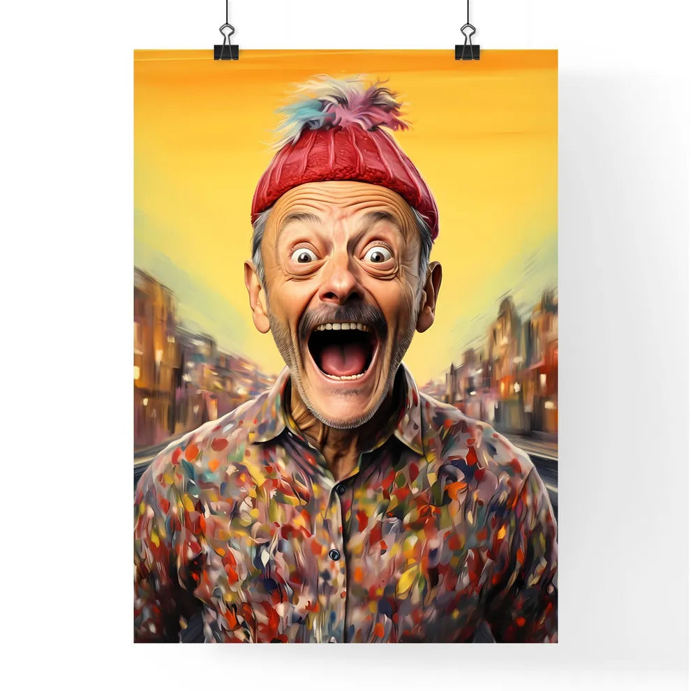 A Poster of happy suprised man wearing santa hat - A Man With His Mouth Open Default Title