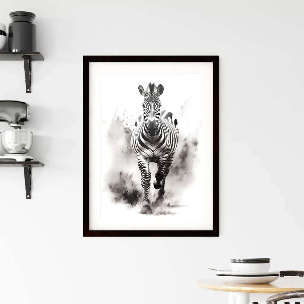 A Poster of A black and white zebra is running  Framed Print