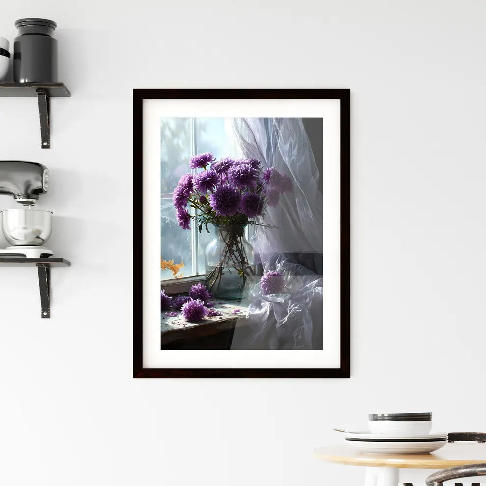 A Poster of A pot of purple chrysanthemums b Framed Print