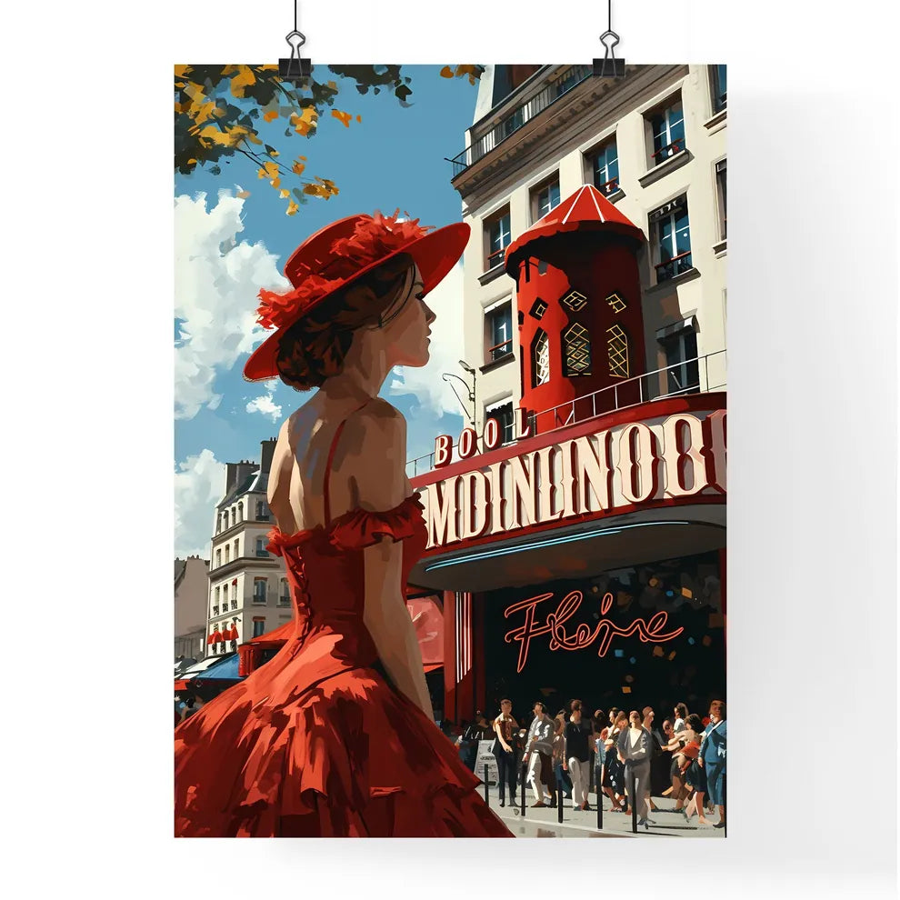A Poster of Une lofi girl regardant - A Woman In A Red Dress And Hat In Front Of A Building Poster