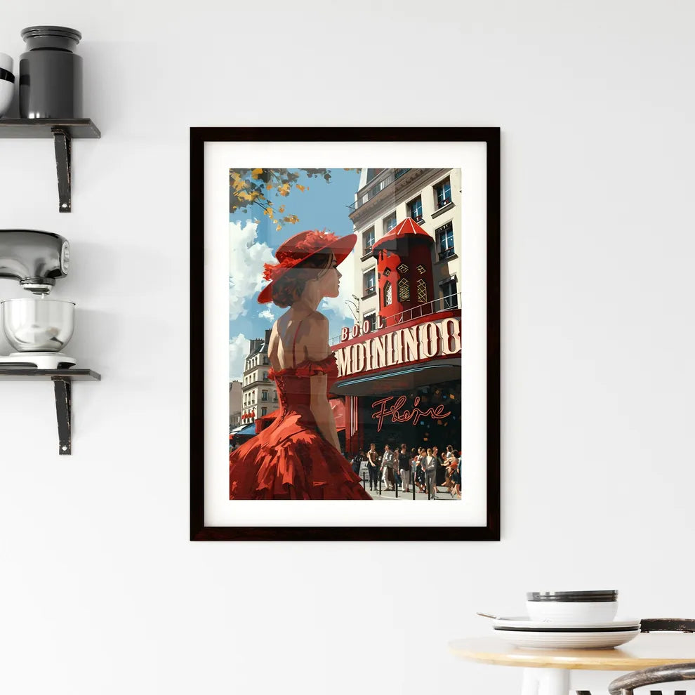 A Poster of Une lofi girl regardant - A Woman In A Red Dress And Hat In Front Of A Building Custom Print