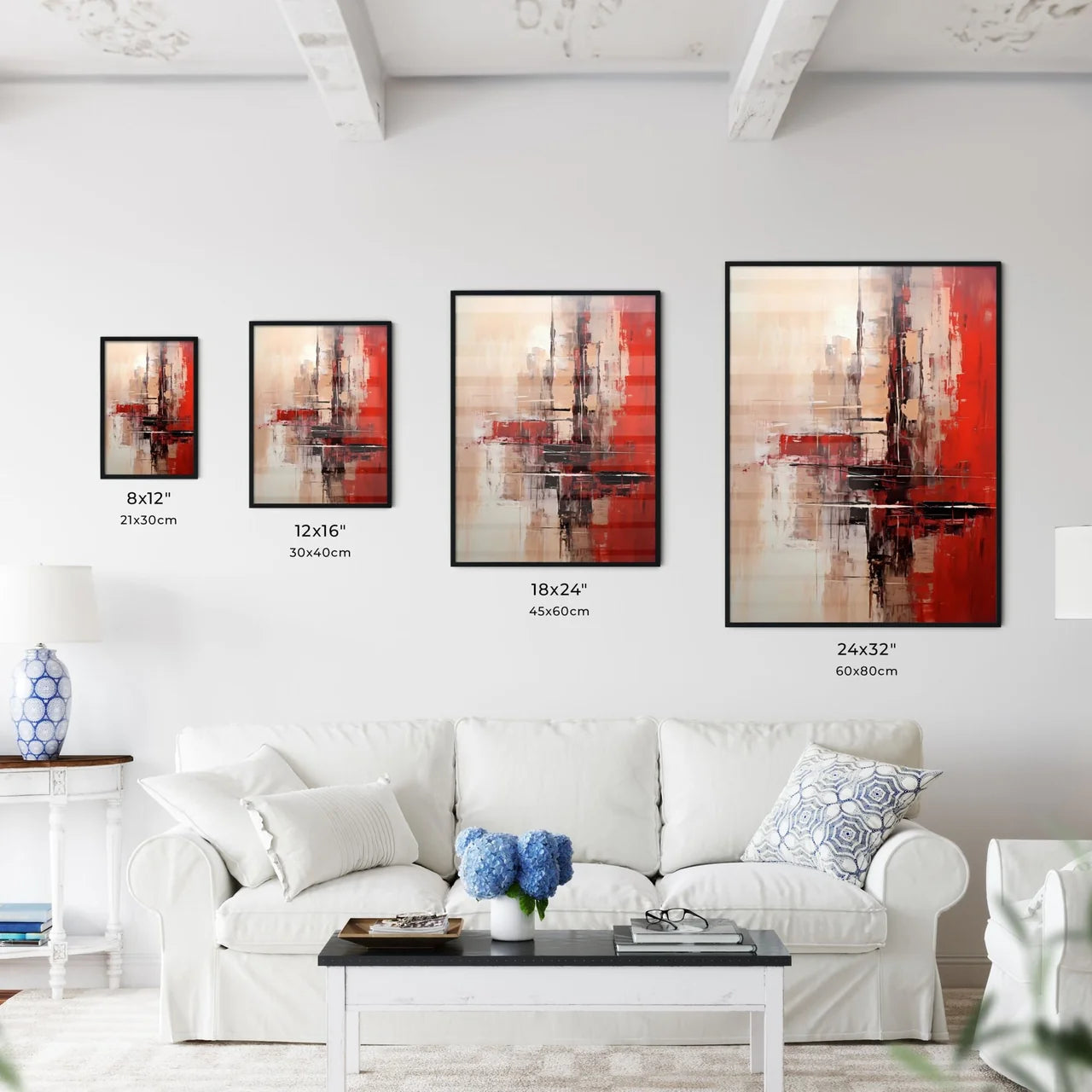 A Poster of a painting of cities in reds and - Kitchen Hangings