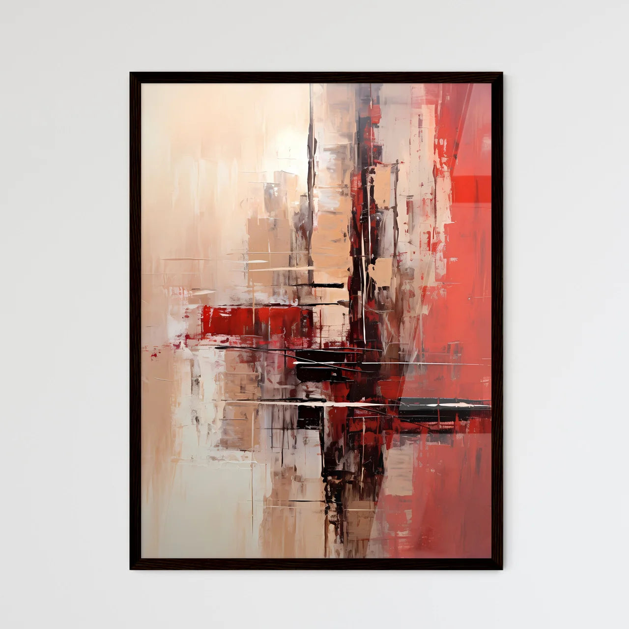 A Poster of a painting of cities in reds and - Framed Art Print